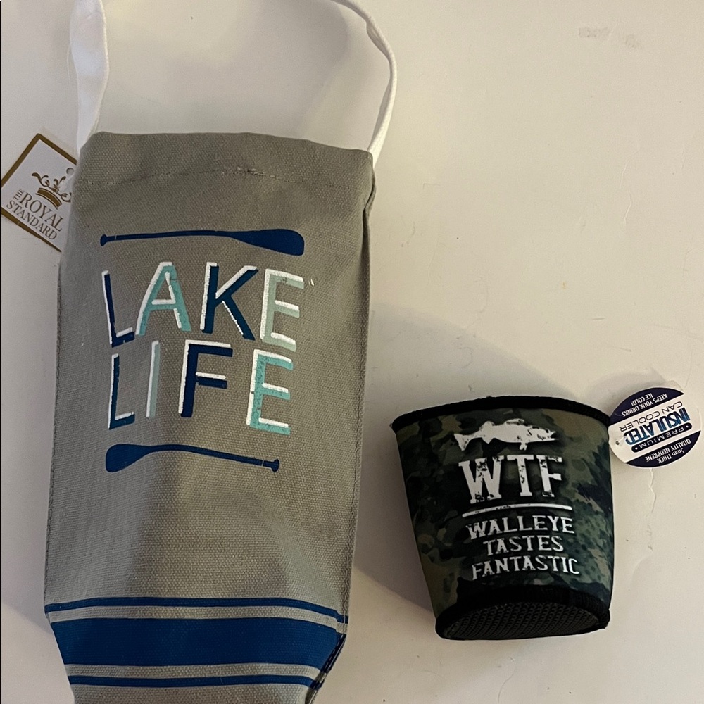 Lake Guy ‘Lake Life' Wine Tote with Walleye Camo Koozie